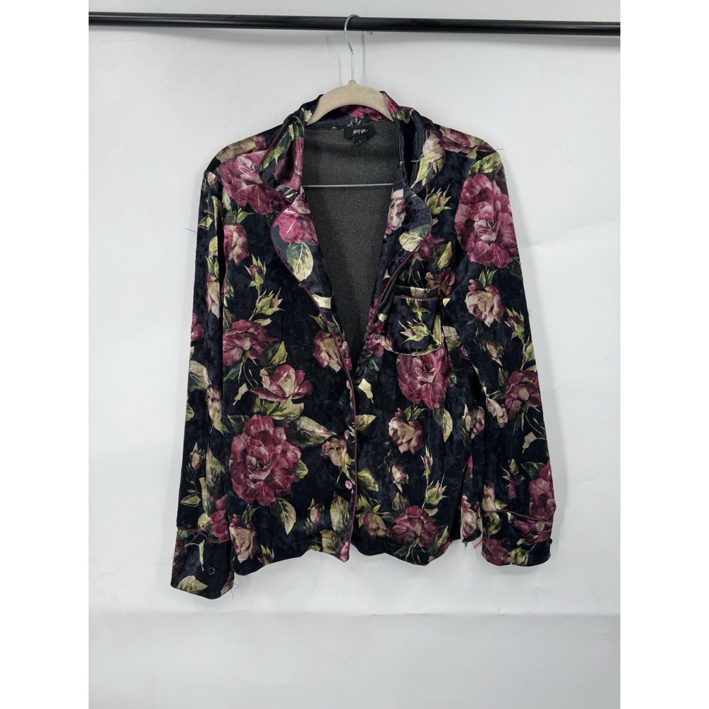 Nasty Gal Velour Button Front Floral‎ Sleep Shirt Women S Black Dark Romance PJ